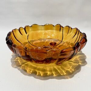 60’s Indiana Glass Co Bowl 10.5 Amber MCM Glass Footed Sunflower Decorative Dish